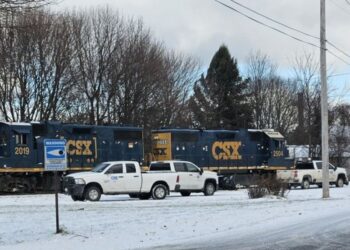 Snow and ice derail train locomotive by the Port of Oswego