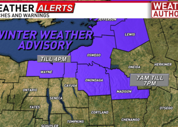 Short-lived bursts of snow and strong winds gusts across CNY today
