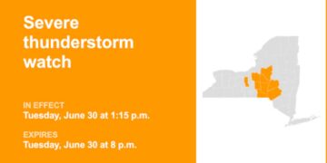 Severe thunderstorm watch affecting parts of Upstate NY until Tuesday evening